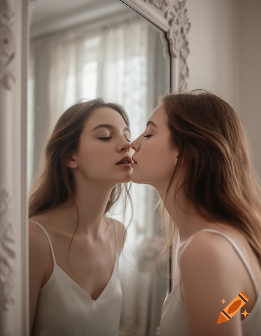 A young woman in a white camisole with closed eyes leans to kiss her reflection in an ornate mirror.