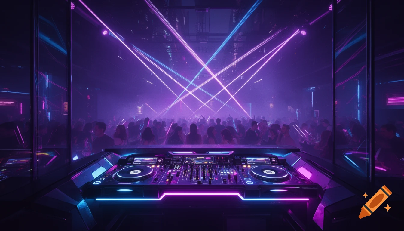 A futuristic DJ stage in a cyberpunk nightclub, illuminated by purple and blue neon lights and laser beams over a dancing crowd.