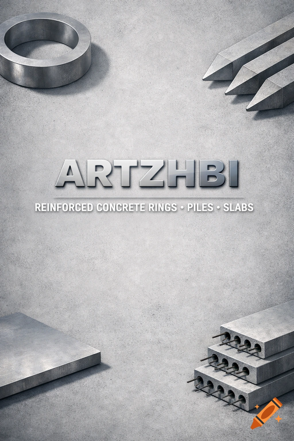 Industrial image of concrete construction elements: a ring, piles, and slabs on a concrete background with 'ARTZHBI' logo and text.