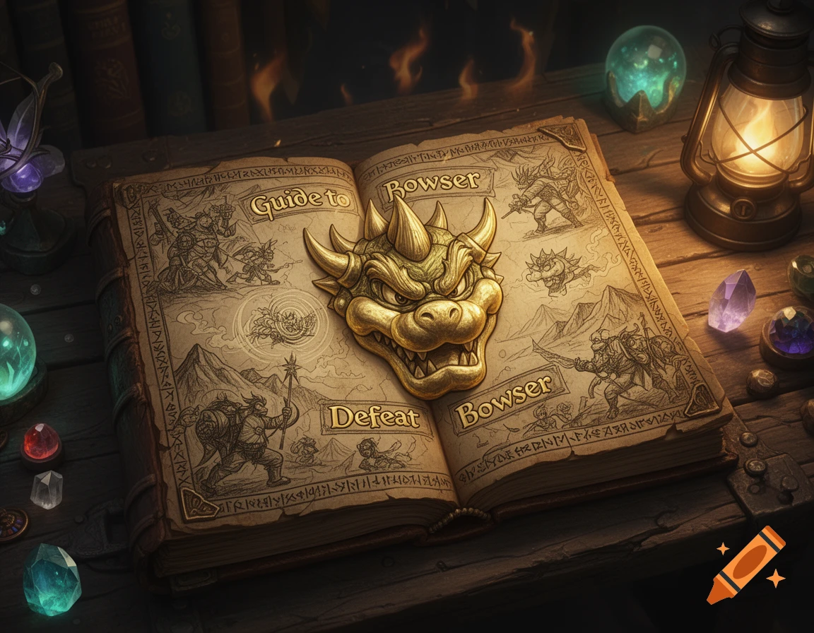 An open fantasy book, 'Guide to Defeat Bowser', featuring a golden Bowser emblem, illustrations, glowing crystals, and a lantern.