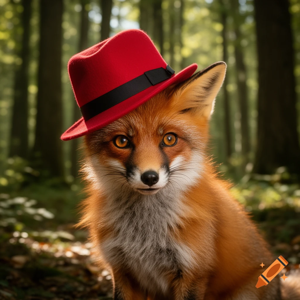 Photorealistic close-up of a fox wearing a red fedora hat in a sun-dappled forest.