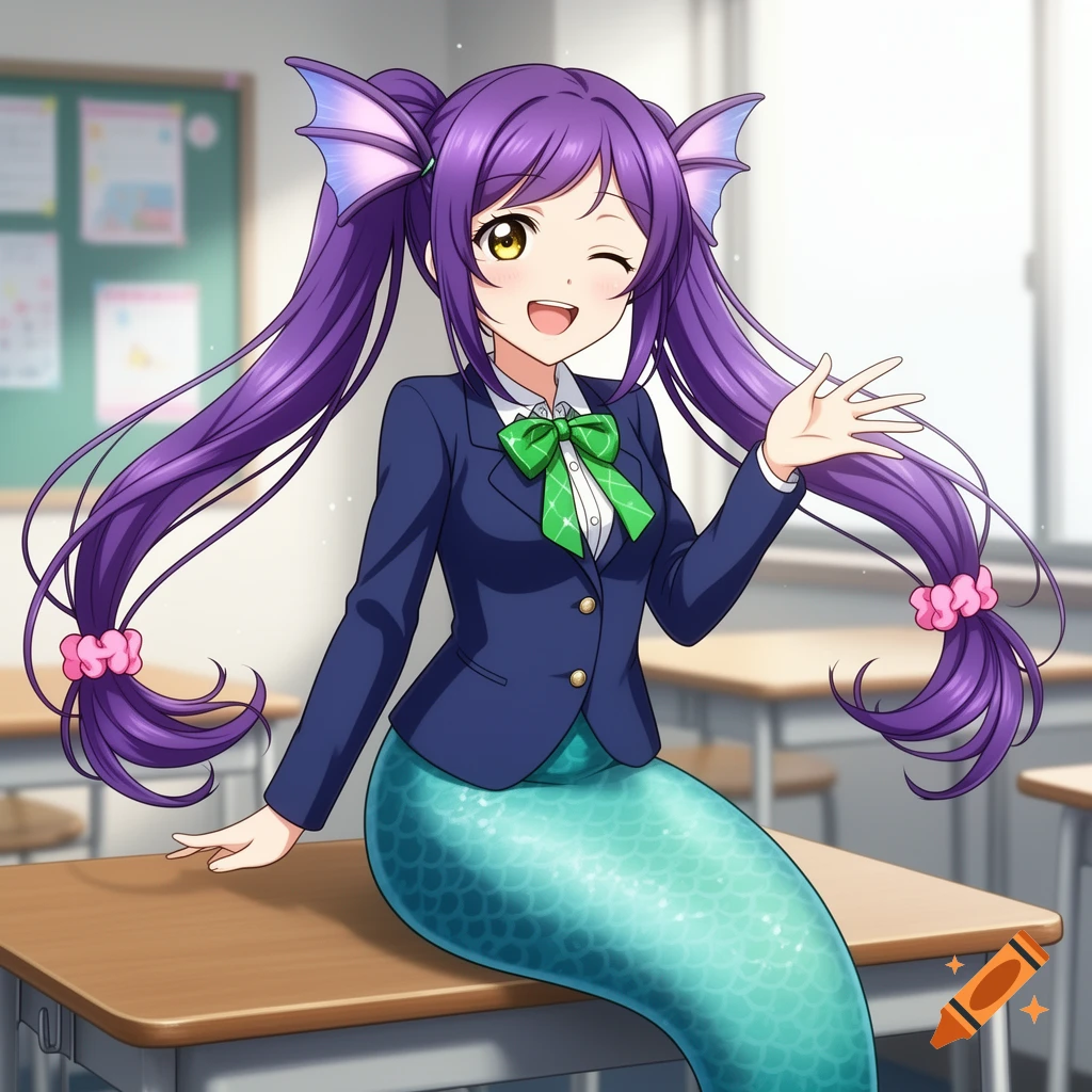 Anime mermaid girl with purple pigtails and fin ears, wearing a school uniform, winking and waving from a classroom desk.