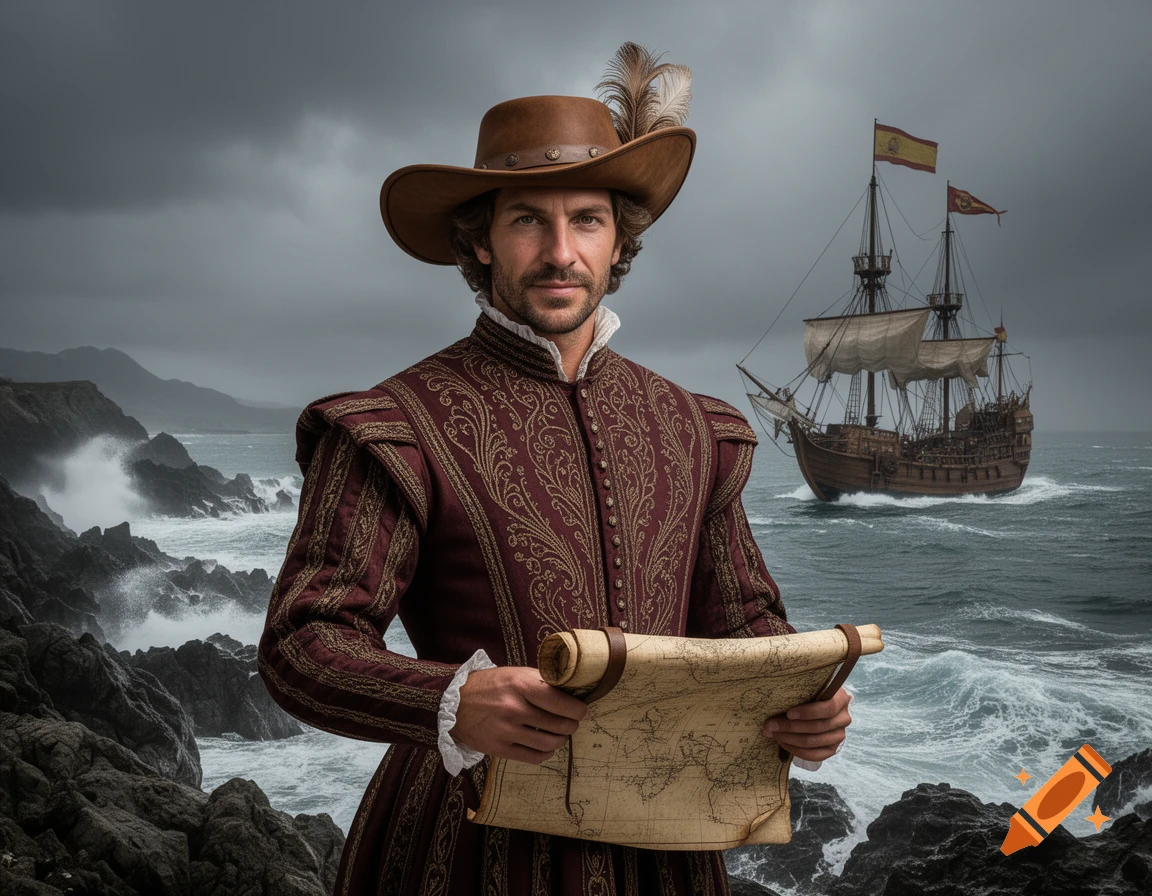 Photorealistic image of a Spanish explorer in historical attire, holding a map by a stormy coastline with a galleon.