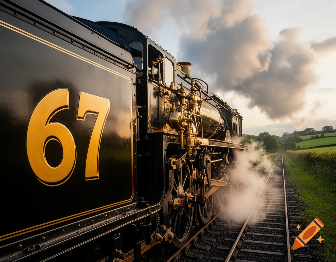 Black steam train with '67' in gold, emitting smoke on tracks through a green rural landscape under a cloudy sunset.