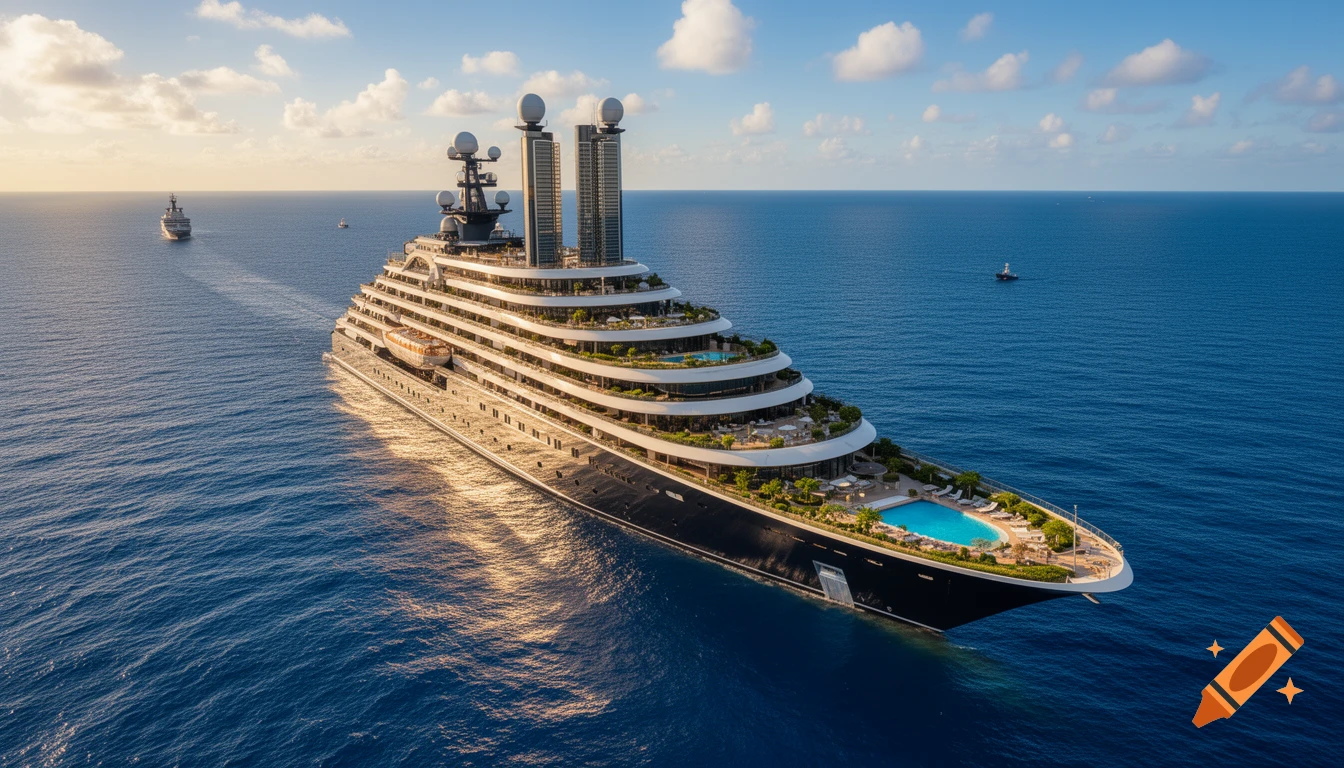 A massive, futuristic luxury yacht with multiple decks, pools, and skyscraper structures sails on a calm blue ocean under a partly cloudy sky.