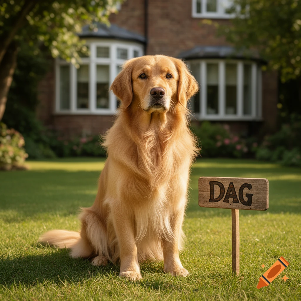 A photorealistic Golden Retriever sits patiently in a sunny green lawn ...