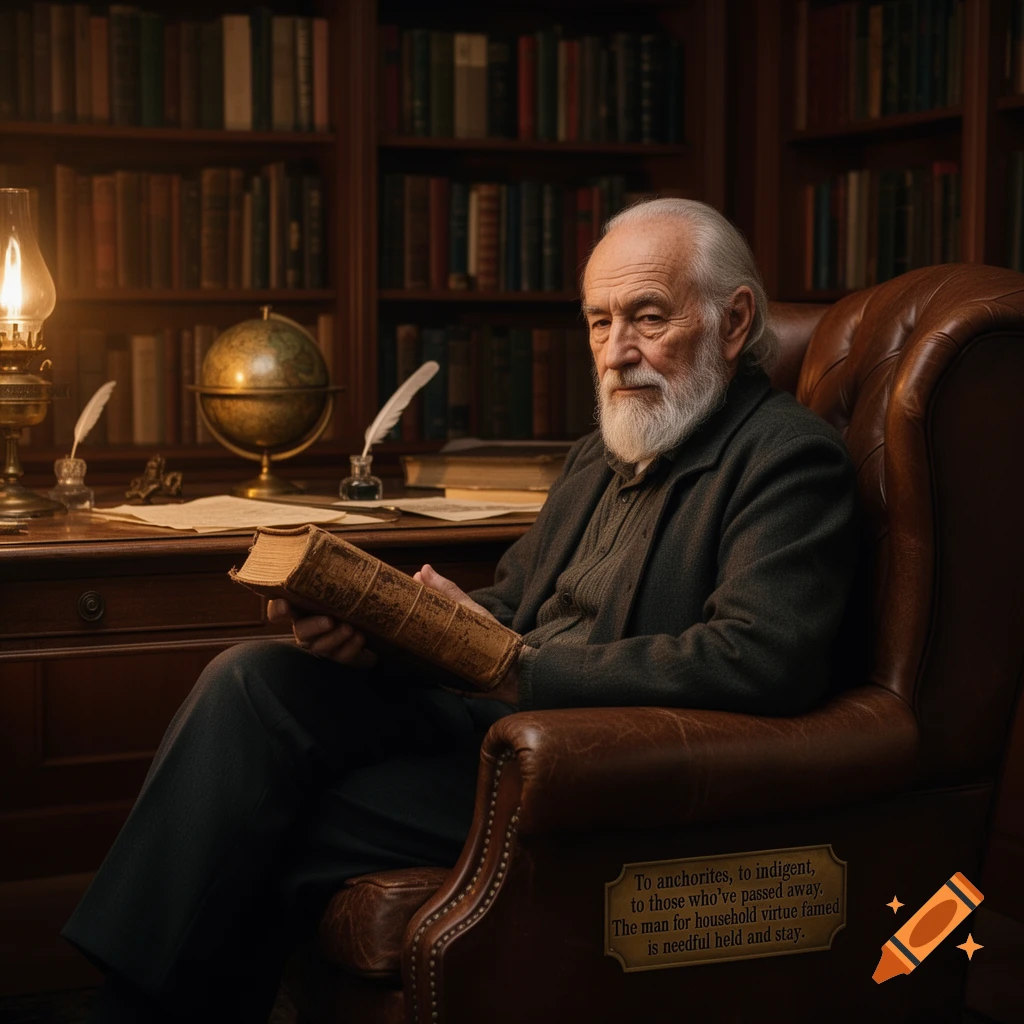 A white-bearded old man sits in a leather armchair in a dimly lit library, reading a thick book.