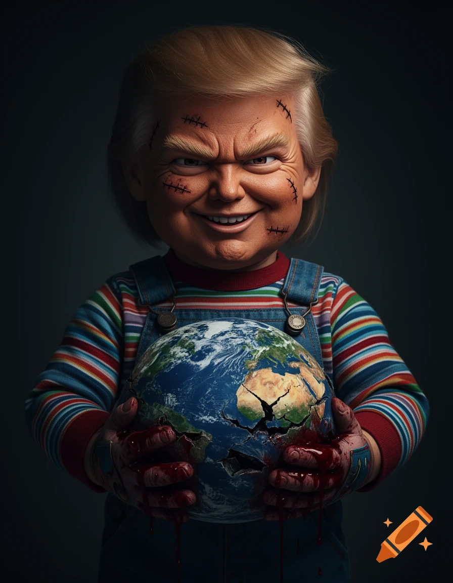 Chucky doll with Donald Trump's face and stitched skin, in overalls, gleefully squeezing a cracked, bleeding Earth. Hyper-realistic horror.