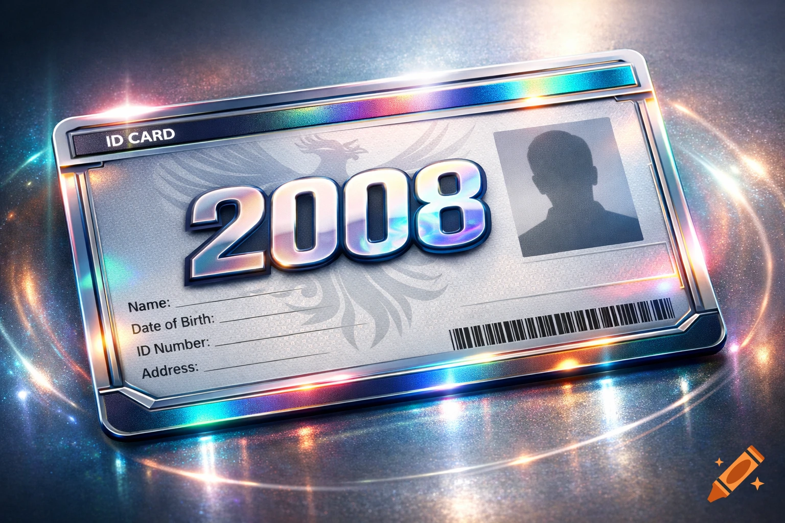 A shiny, futuristic ID card with the year 2008, a blank silhouette, and fields for name and address.