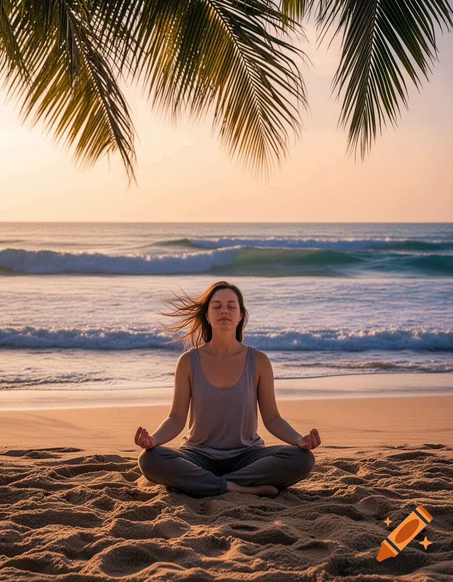 Woman meditates in lotus position on a sandy beach at sunset, with ocean waves and palm fronds. Photorealistic.