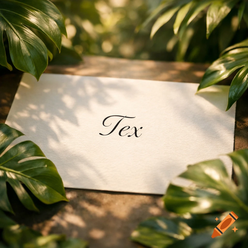 A piece of paper with 'Tex' in cursive, framed by lush green tropical leaves with dappled sunlight.