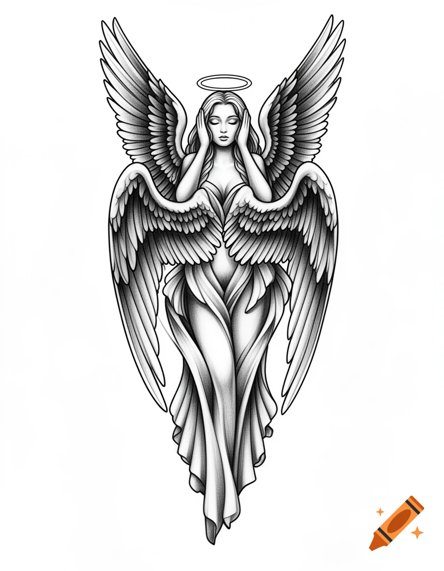 Black and gray tattoo design of a six-winged female seraphim angel with a halo, eyes closed, and hands covering her ears, with flowing wings and drapery.