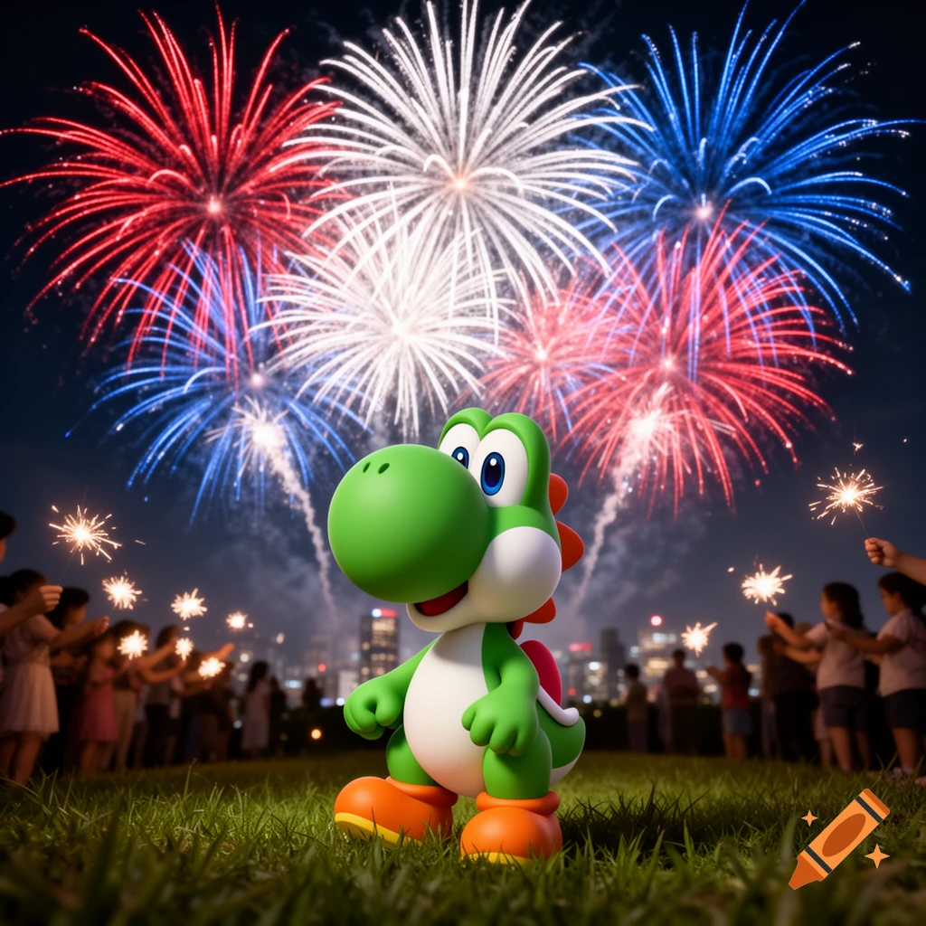 A photorealistic image of Yoshi standing on grass in front of a night sky filled with red, white, and blue fireworks, with people holding sparklers in the background.