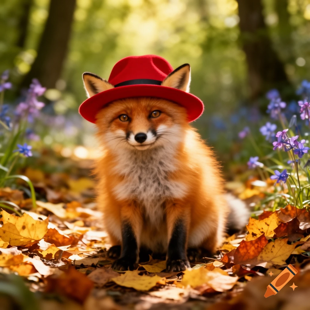 A cute orange fox wearing a red hat sits amidst fallen autumn leaves and purple flowers in a forest.