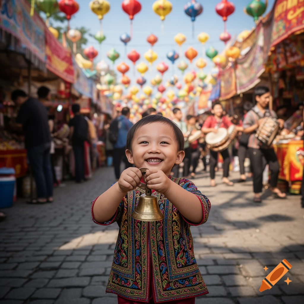 A smiling child in a colorful tunic holds a brass bell in a lively market street decorated with many vibrant lanterns.