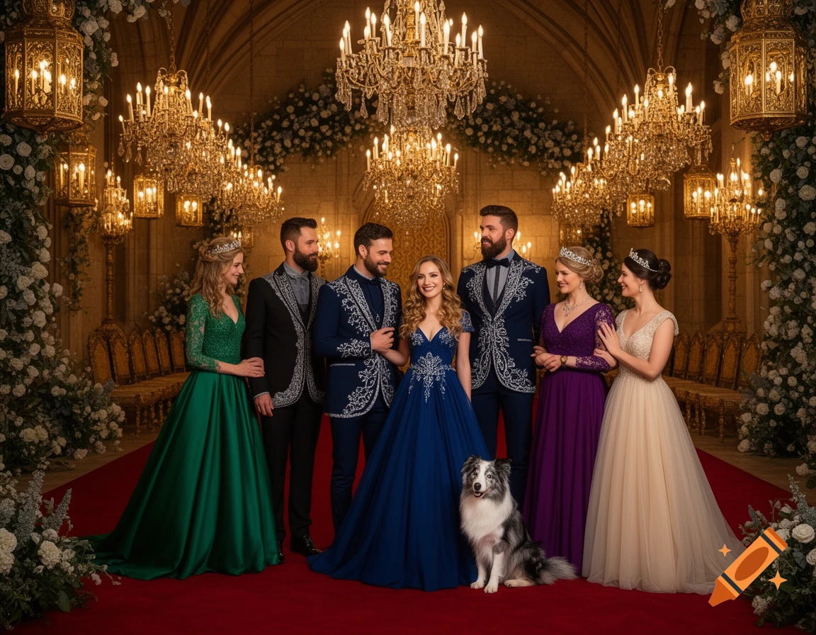 Six people in formal gowns and suits, with a border collie, stand on a red carpet in a grand castle hall lit by chandeliers.