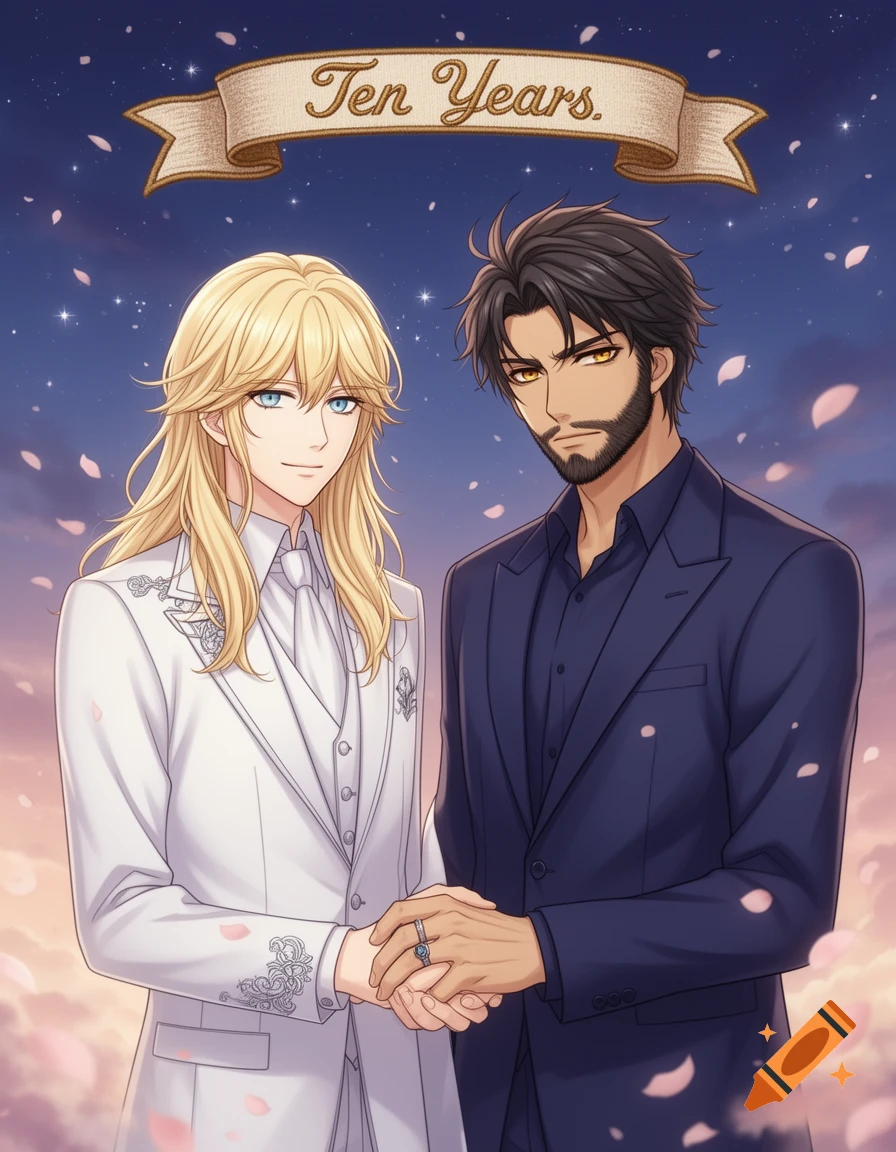 Two anime men, one blond and one dark-haired, holding hands and wearing suits, beneath a "Ten Years" banner in a starry sky.