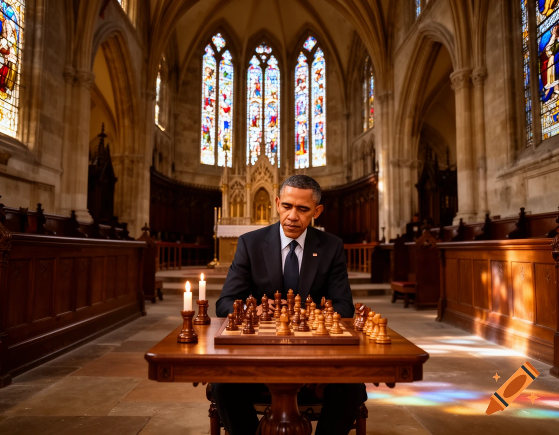 Barack Obama plays chess at a wooden table inside a grand church with stained glass windows, lit by candlelight.