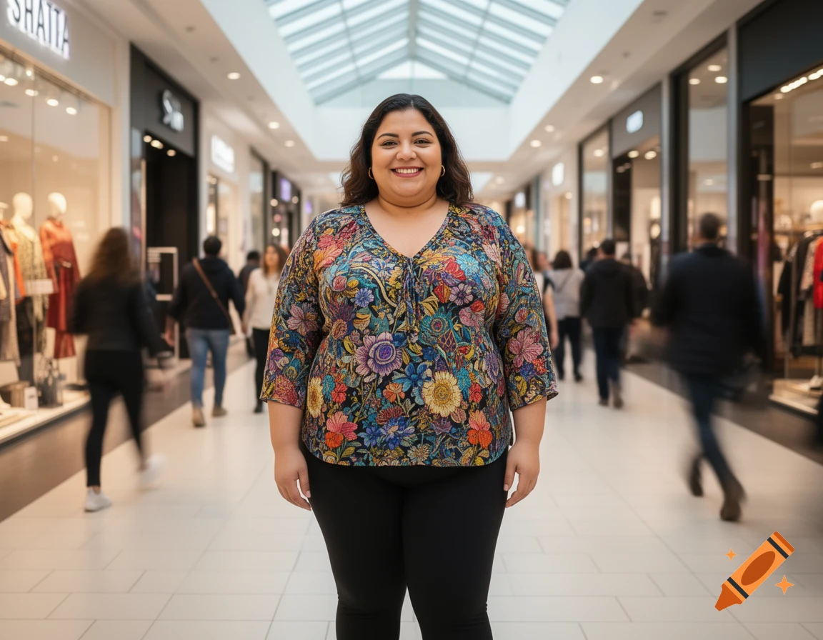 A smiling woman with dark hair in a colorful floral top and black pants stands in a bright shopping mall.