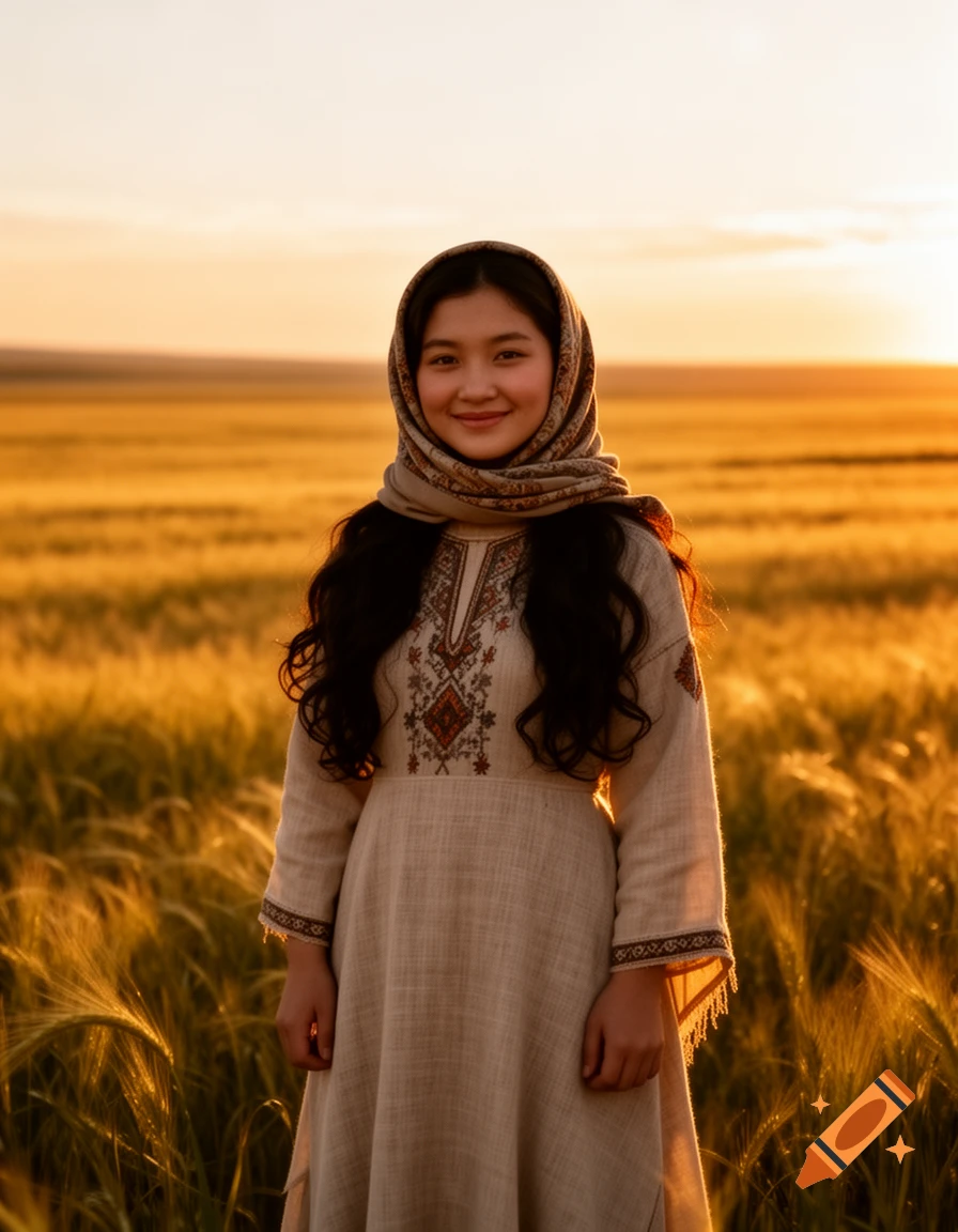 Young woman in traditional dress and headscarf smiling in a golden field at sunset.