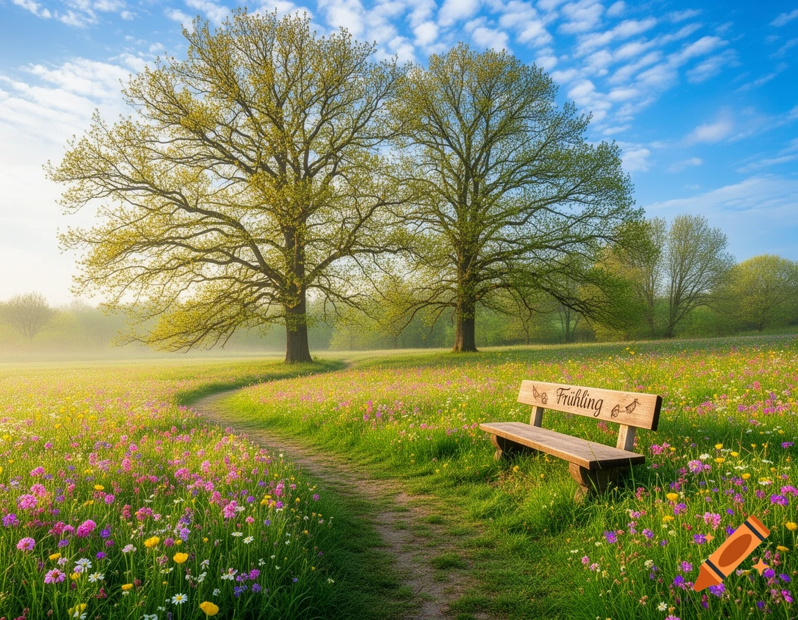 Photorealistic spring meadow with colorful wildflowers, a winding path, two large trees, and a wooden bench inscribed with 'Frühling'.