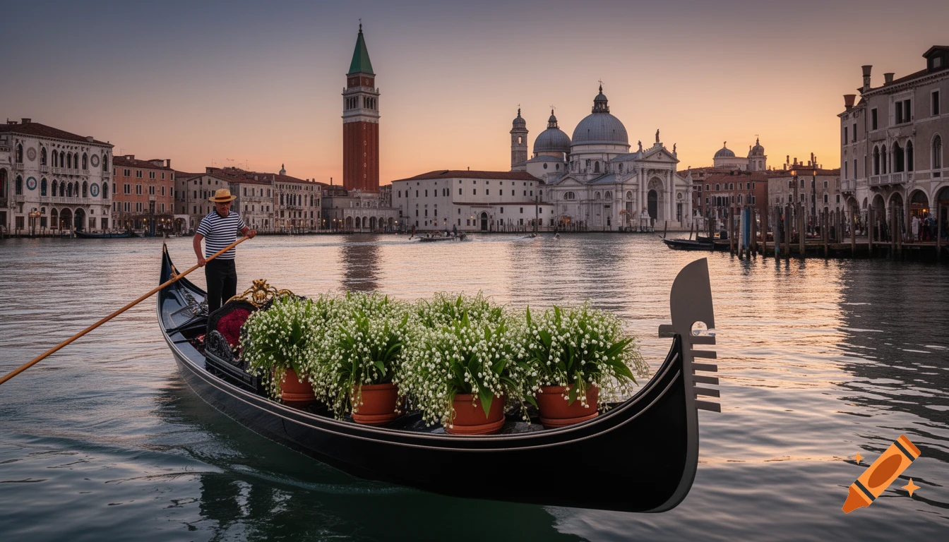 A gondolier poles a gondola full of lily of the valley flowers on a Venice canal with historic buildings and a sunset sky, photorealistic.