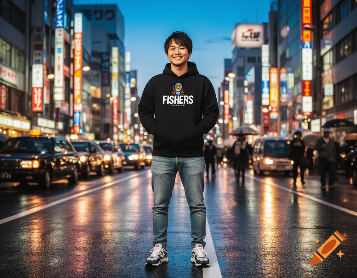 A smiling man wearing a black 'FISHERS' hoodie and jeans stands in the middle of a wet city street at dusk, surrounded by illuminated buildings and traffic in Japan.