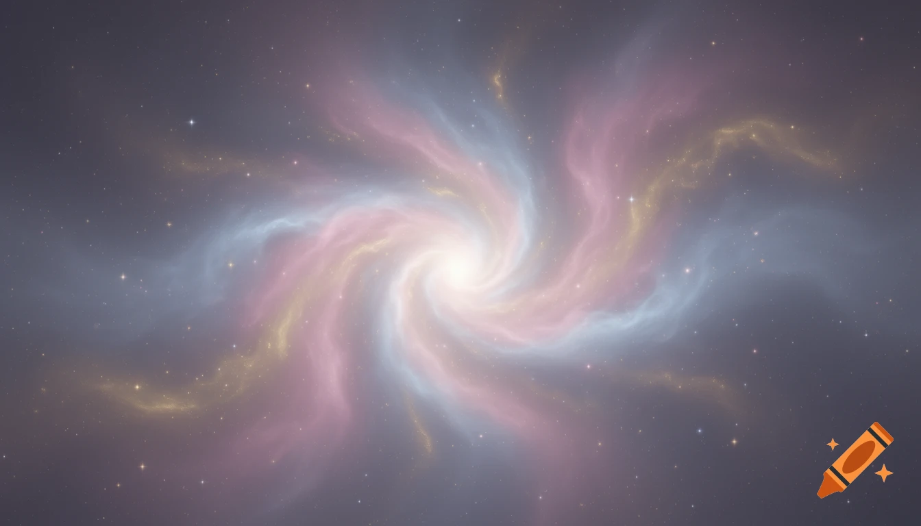 A soft, glowing spiral nebula in pastel pink, blue, and gold against a star-speckled cosmic background.