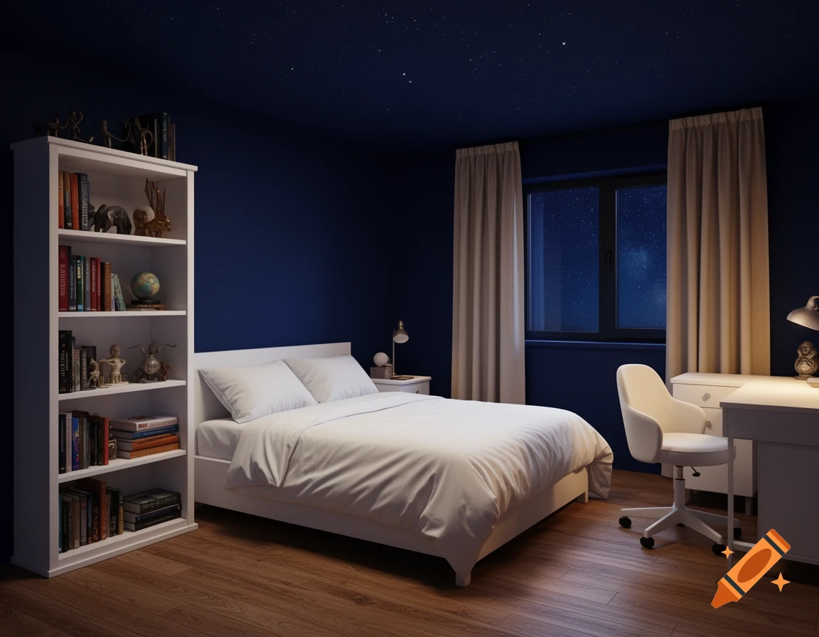 A photorealistic teen boy bedroom with midnight blue walls, a white bed, bookshelf, and desk, under a starry ceiling and window.