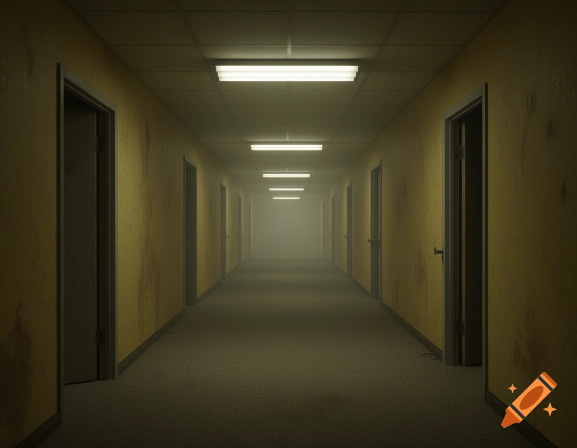 A long, dark, empty corridor with dirty yellow walls, gray carpet, and fluorescent lights leading into a foggy distance, evoking a liminal space.