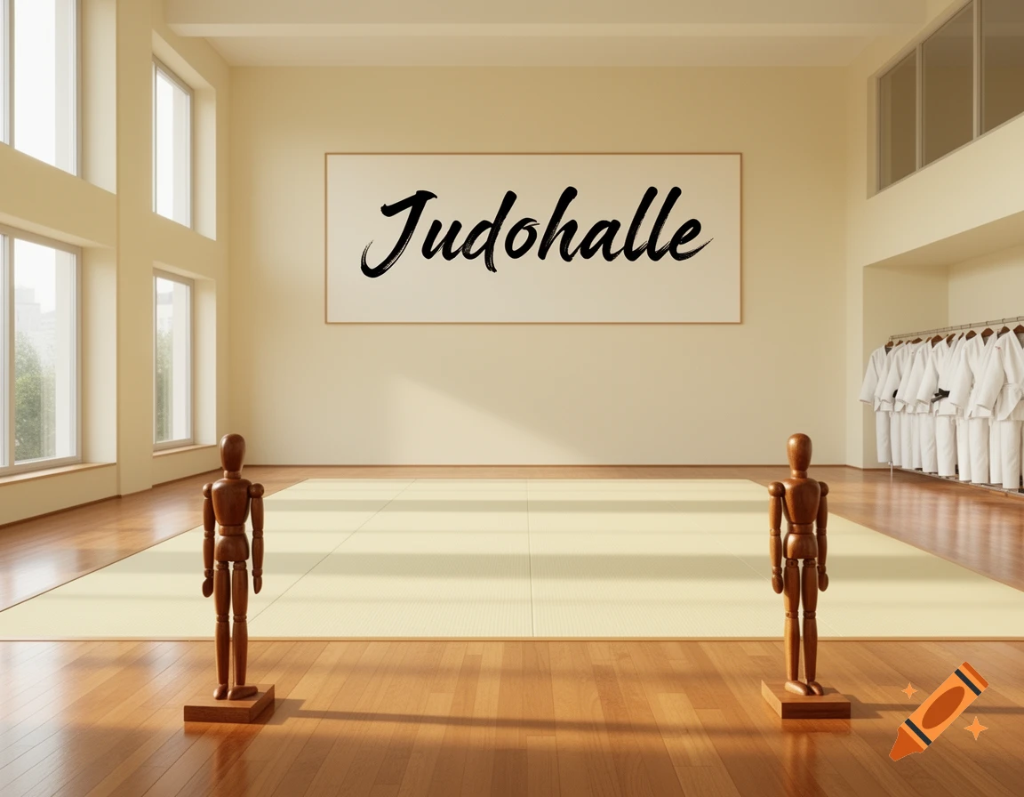 Brightly lit judo hall with a 'Judohalle' sign, two wooden mannequins, and white gis on a rack.