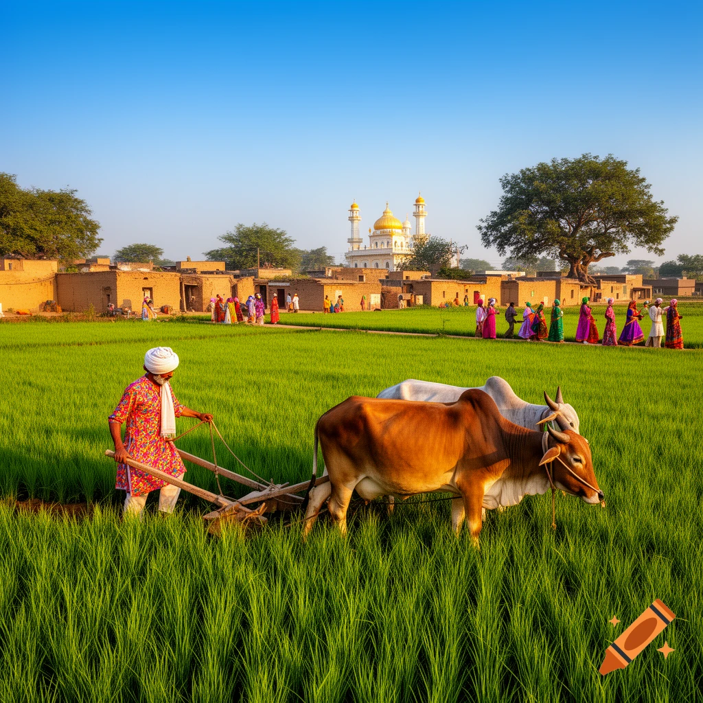 A farmer plows a vibrant green field with two oxen in a rural village with a mosque and traditional buildings under a clear blue sky.