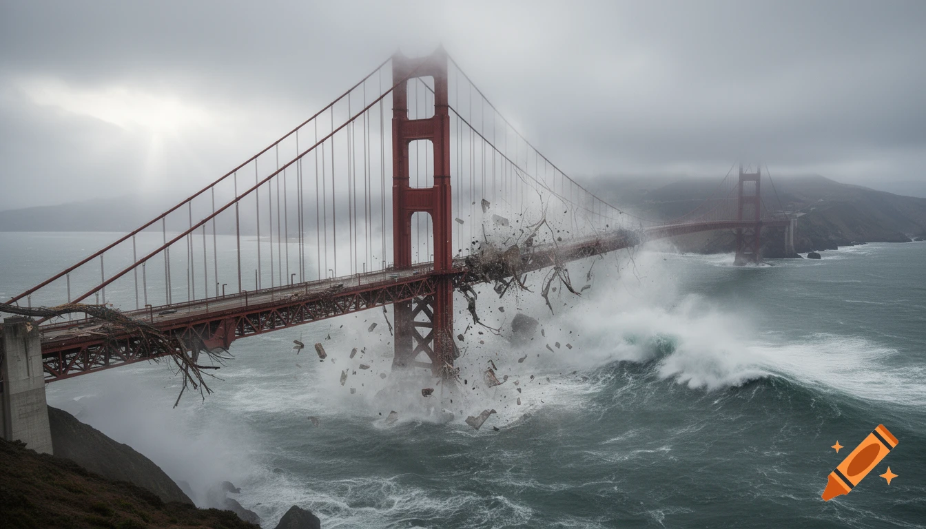 The Golden Gate Bridge is depicted dramatically breaking apart into stormy ocean waves under a dark, foggy sky in a photorealistic style.