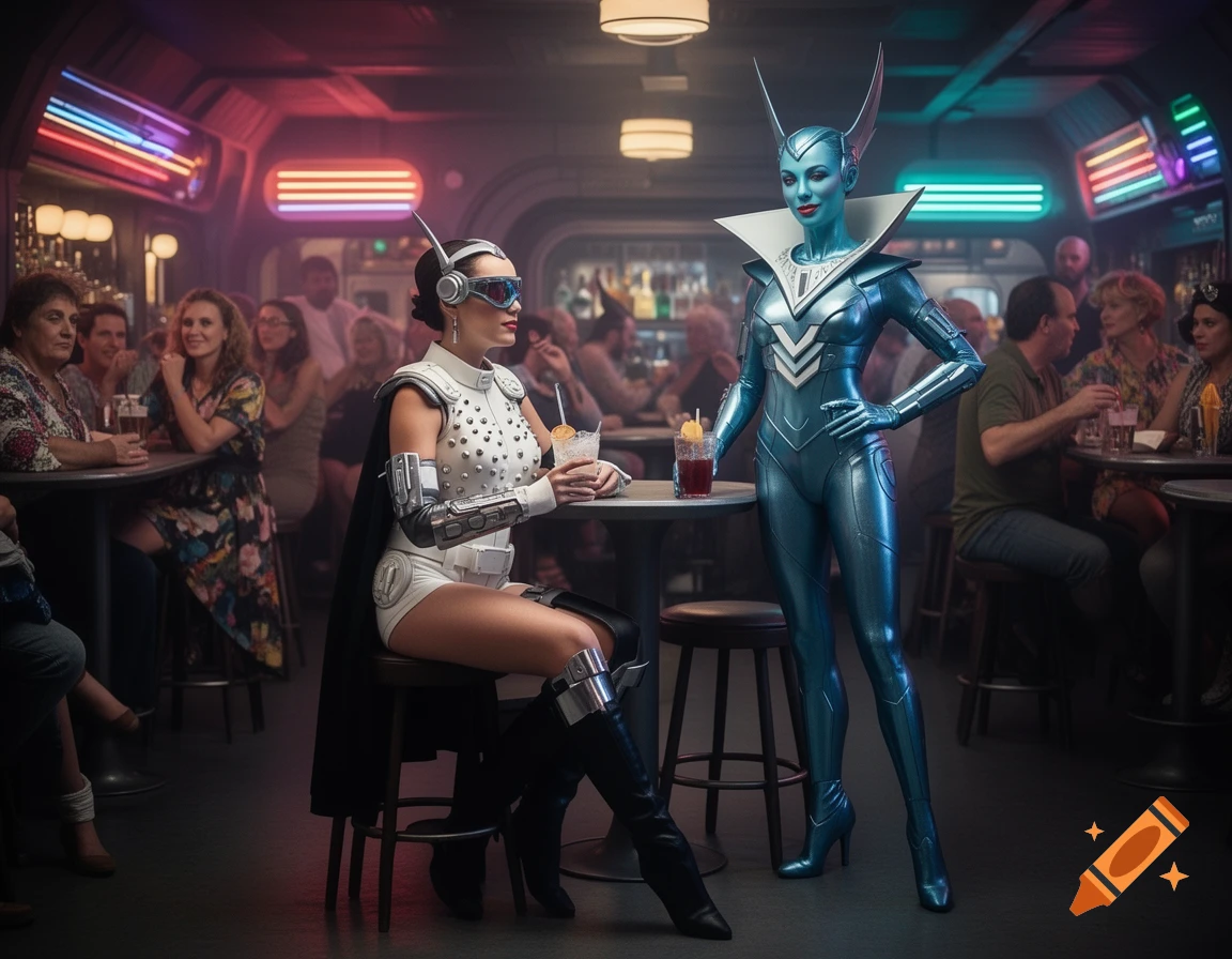 Two sci-fi women in a retro-futuristic bar; one in white armor sits holding a drink, the other in a metallic blue suit stands.