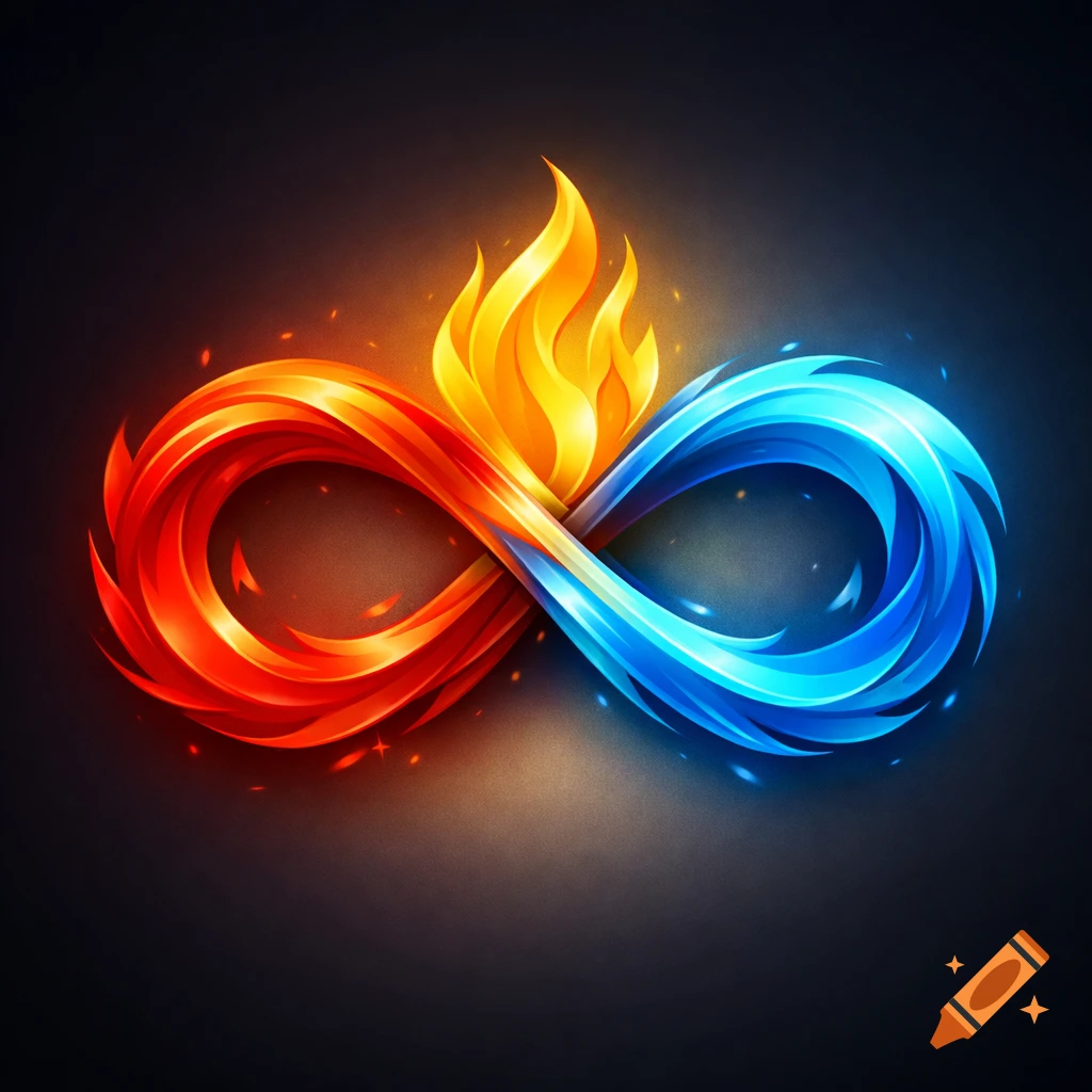 Digital art of an infinity symbol, half red flames and half blue ice, with a yellow flame at its core.