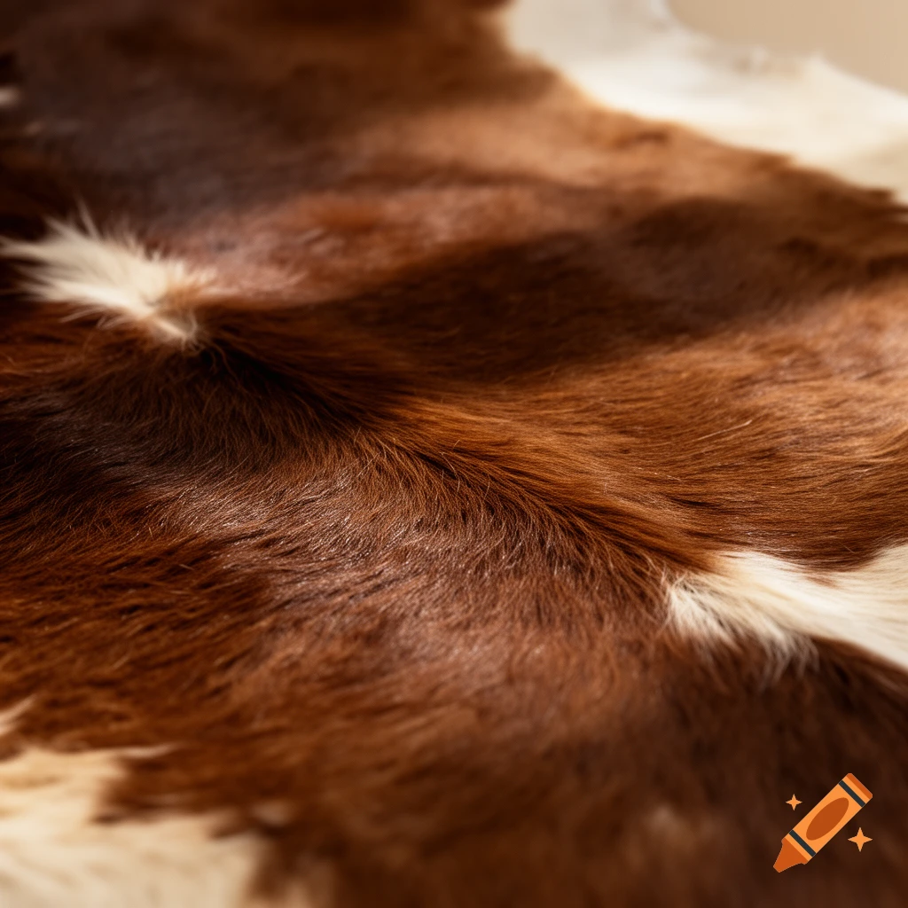 Close-up of brown and white cowhide fur texture.