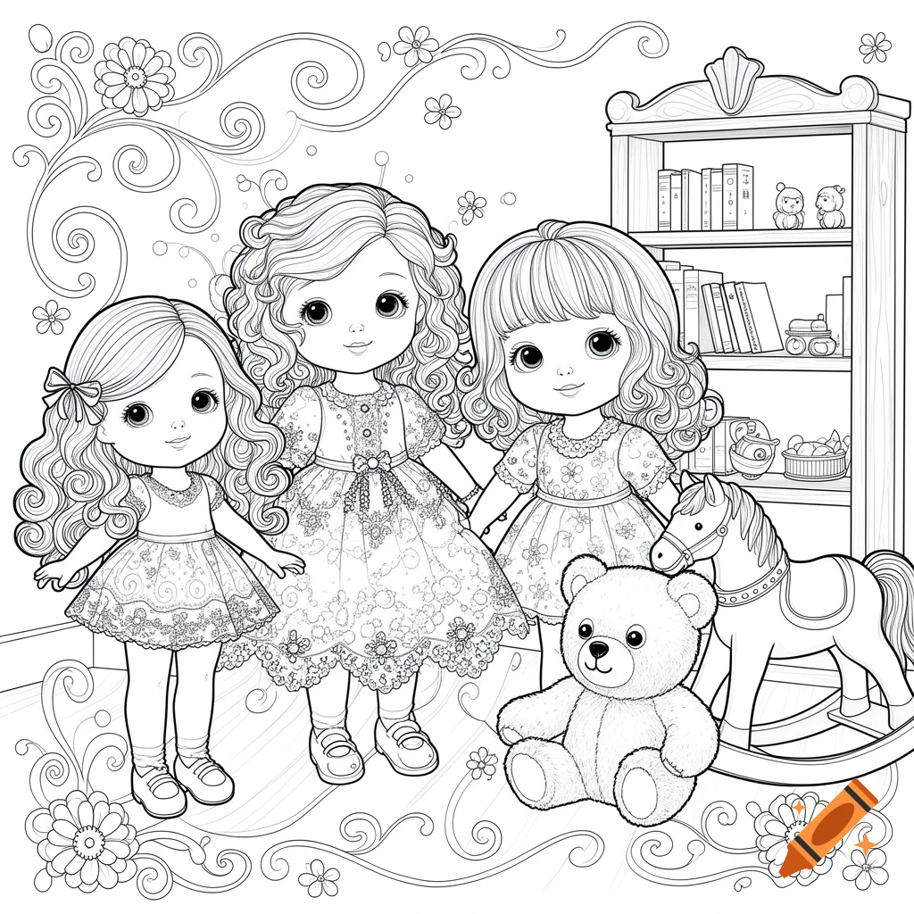 Line art coloring page of three cute dolls with a teddy bear, rocking horse, and bookshelf in the background.