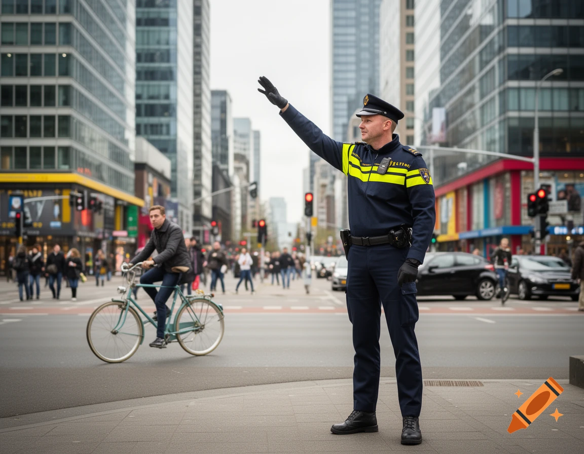 A police officer in a dark blue uniform with yellow stripes stands in a city intersection, holding his arm up to stop a cyclist.