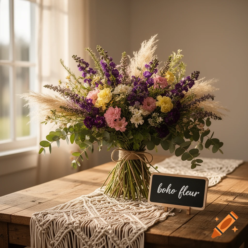 Vibrant boho floral bouquet with pampas grass and eucalyptus on a rustic wooden table with a macrame runner and 'boho fleur' sign.