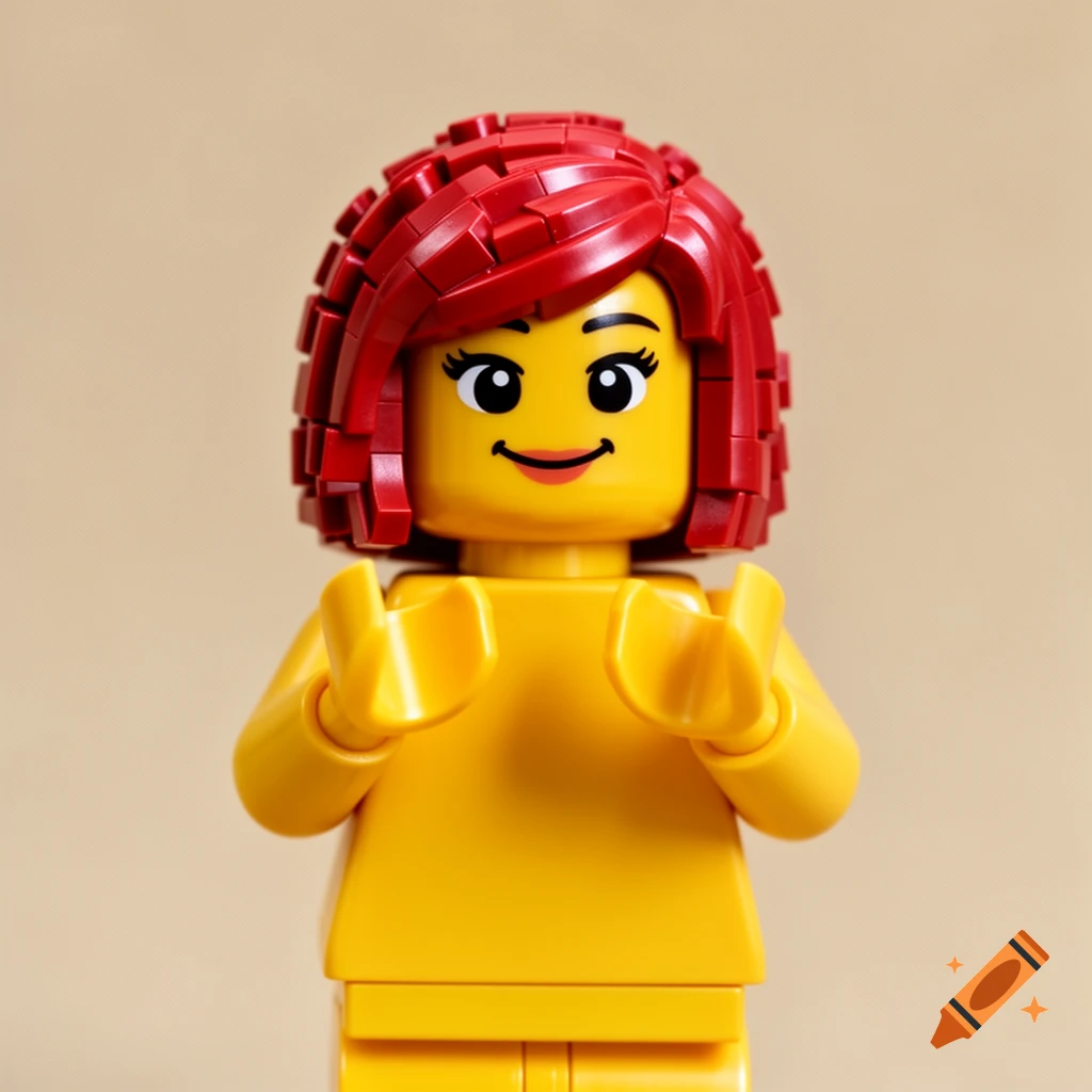 A yellow Lego minifigure with red curly hair and a smiling face, raising its hands slightly, against a beige background.