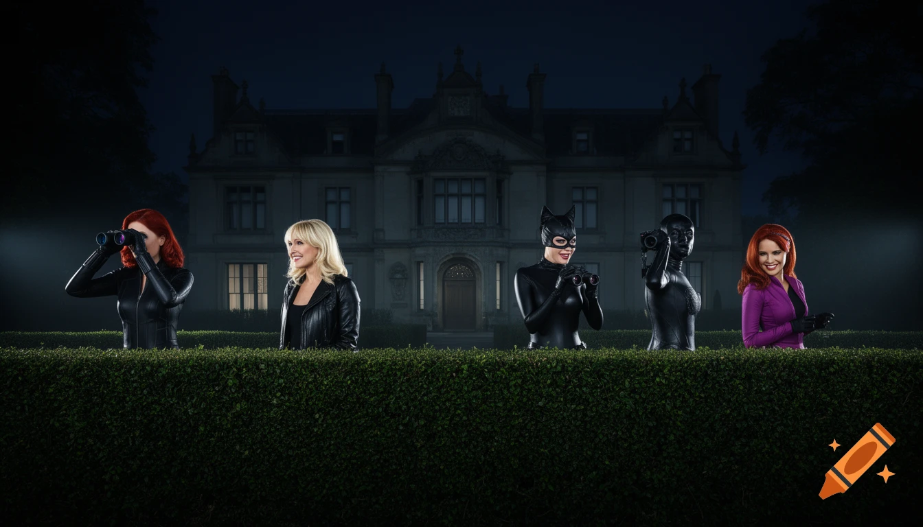 Five women in various spy and superhero outfits, including Catwoman and Black Widow, observe a Gothic mansion from behind a hedge at night.