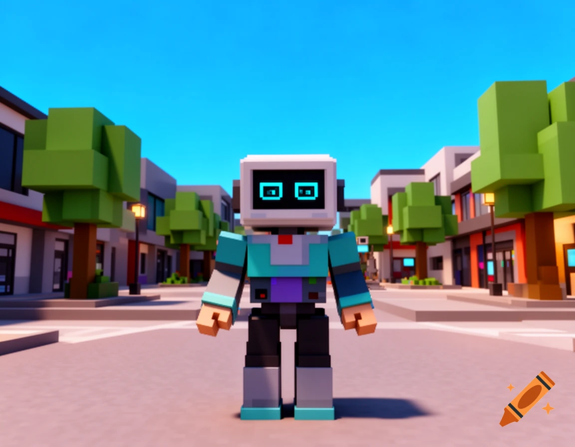A blocky robot with a screen head stands on a street in a vibrant voxel-style town.