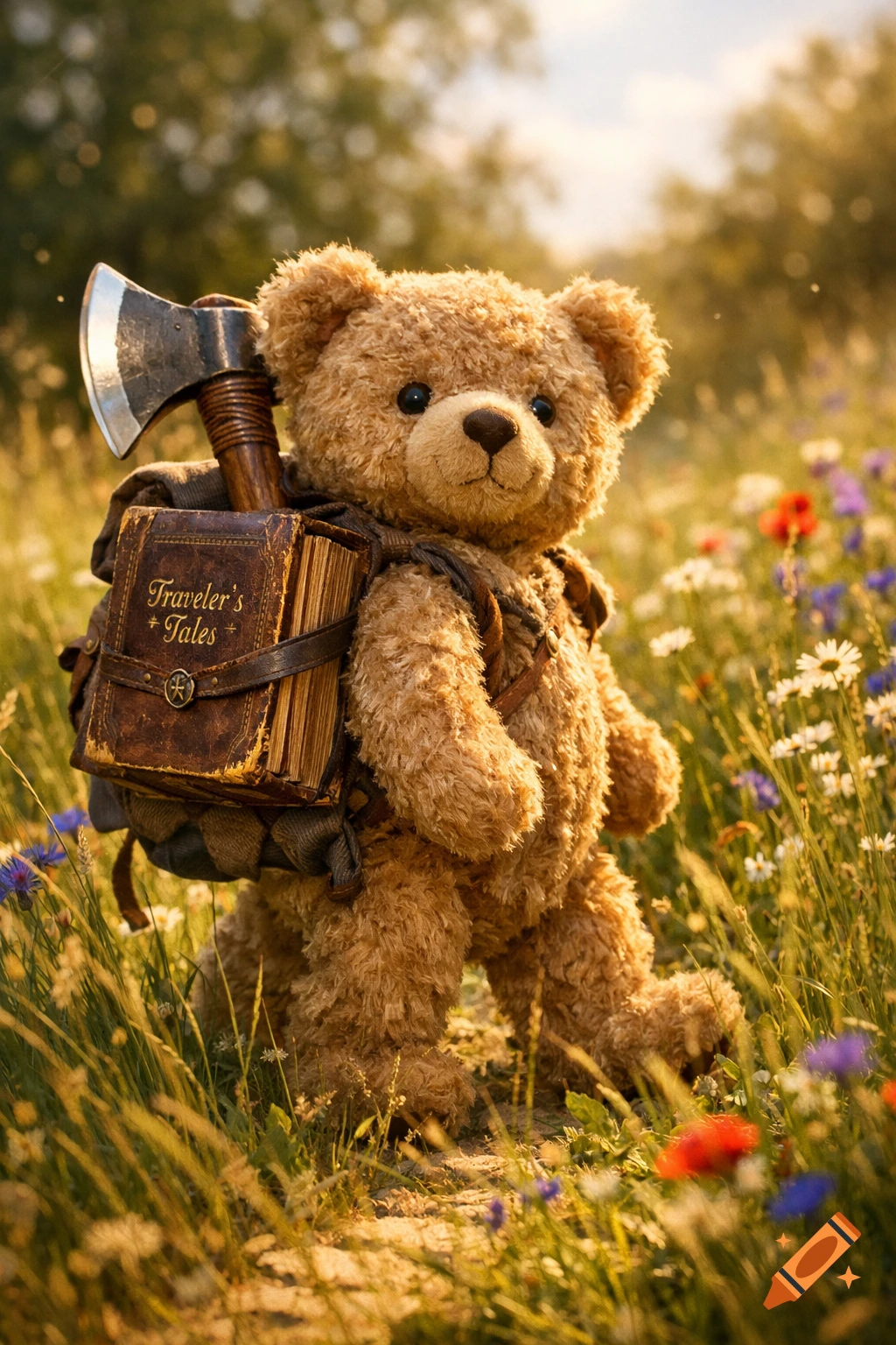 A photorealistic teddy bear with a book and an axe strapped to its back stands in a sunlit field of wildflowers.