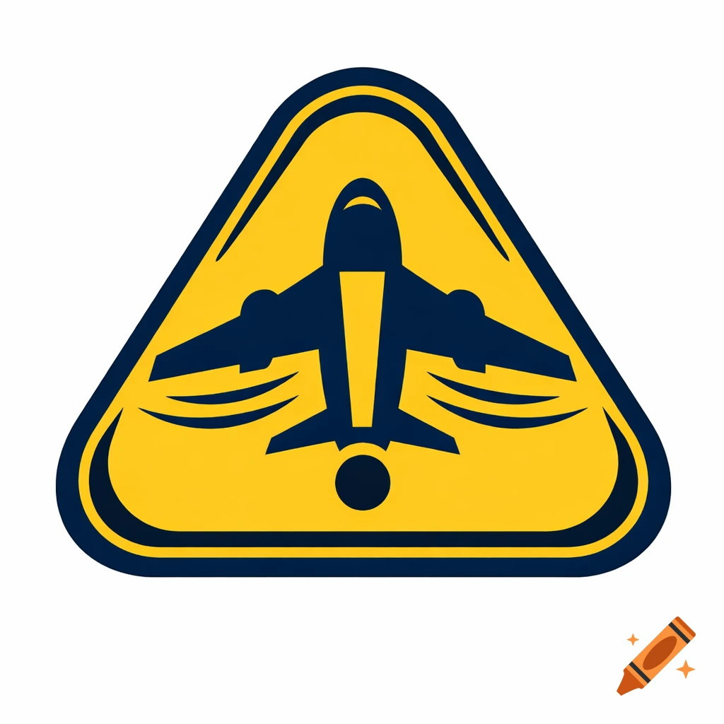 Minimalist warning-style logo with a dark blue airplane silhouette inside a yellow rounded triangle.