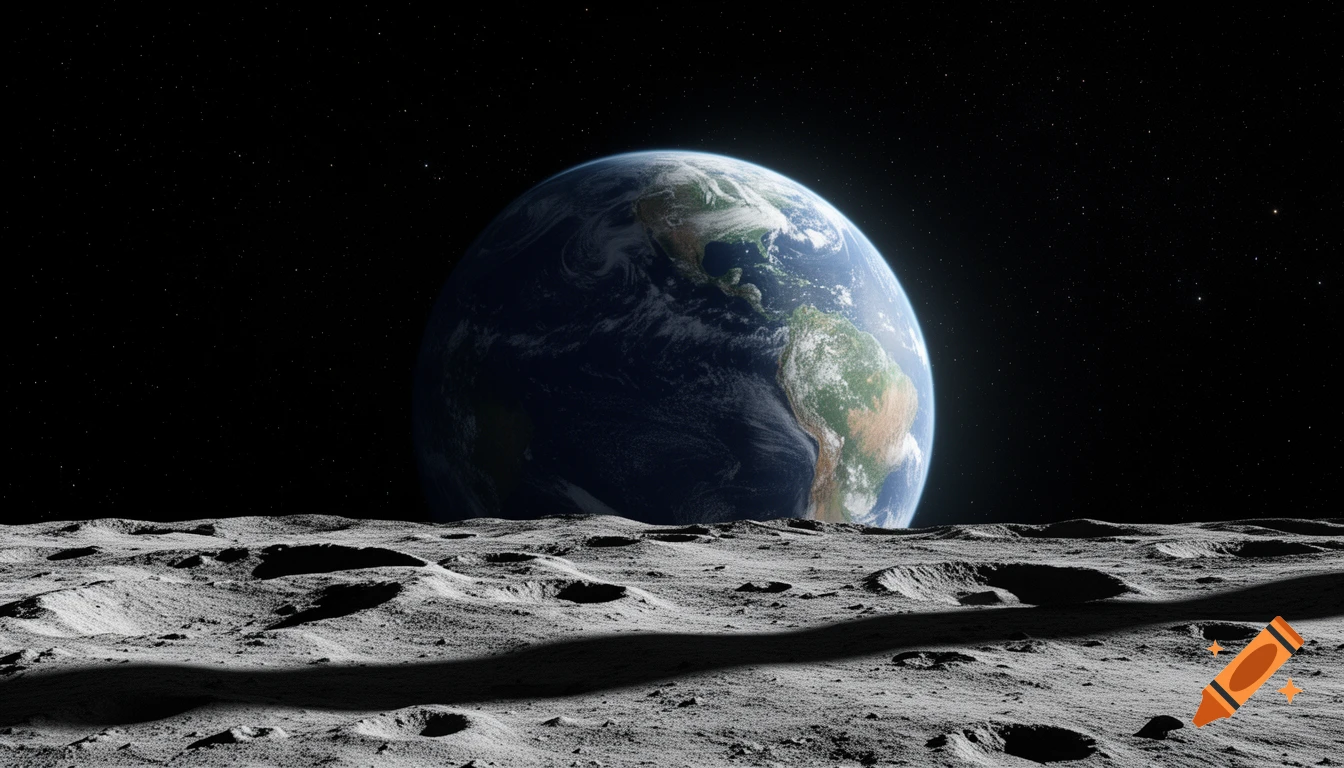 Photorealistic view of Earth from the grey, cratered surface of the Moon against a starry black sky.