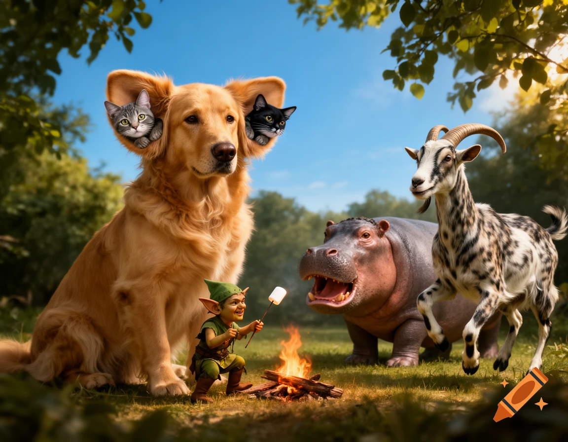 A golden retriever with a cat in each ear sits next to a small goblin roasting a marshmallow over a campfire, a hippo, and a spotted goat in a sunny forest clearing.