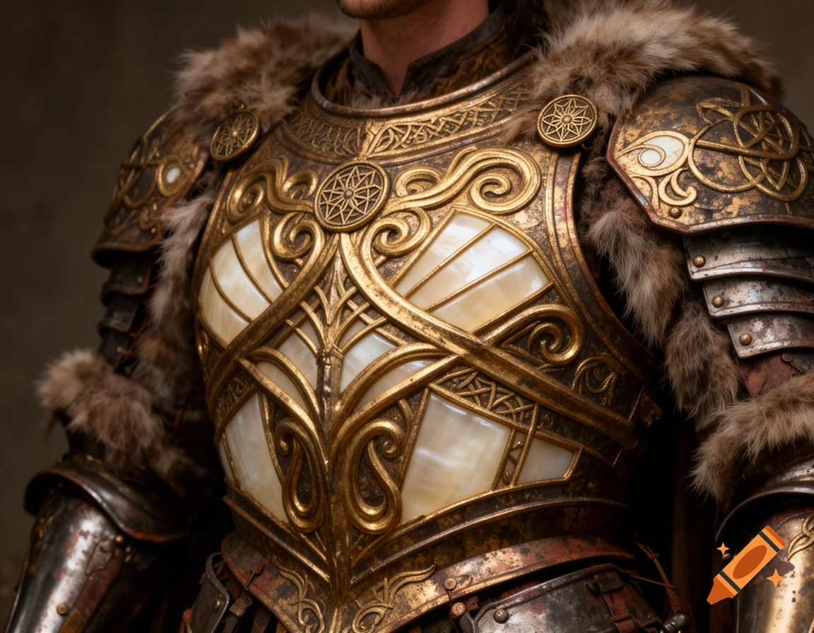 Close-up of ornate, aged ceremonial armor with gold filigree, off-white panels, and fur trim.