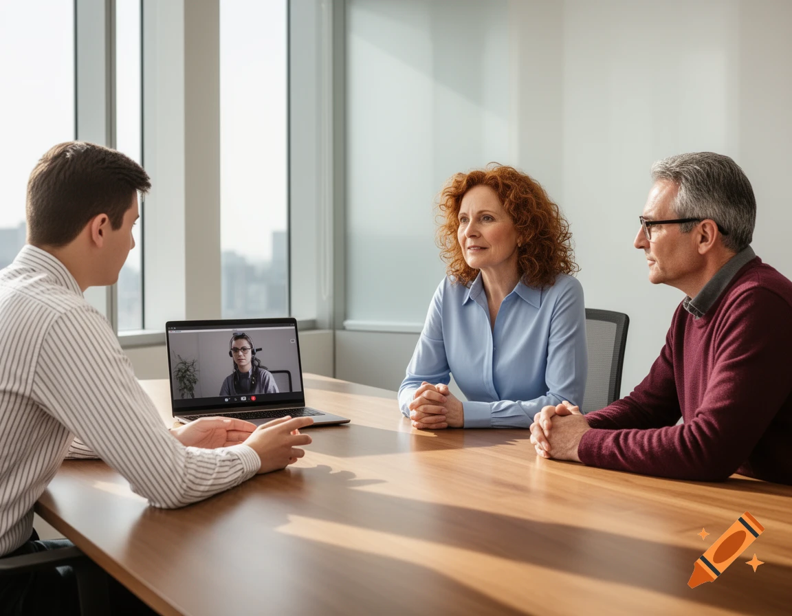 Three people, two adults and one younger adult, sit at a long wooden table. A laptop displays a video call with a person wearing headphones.