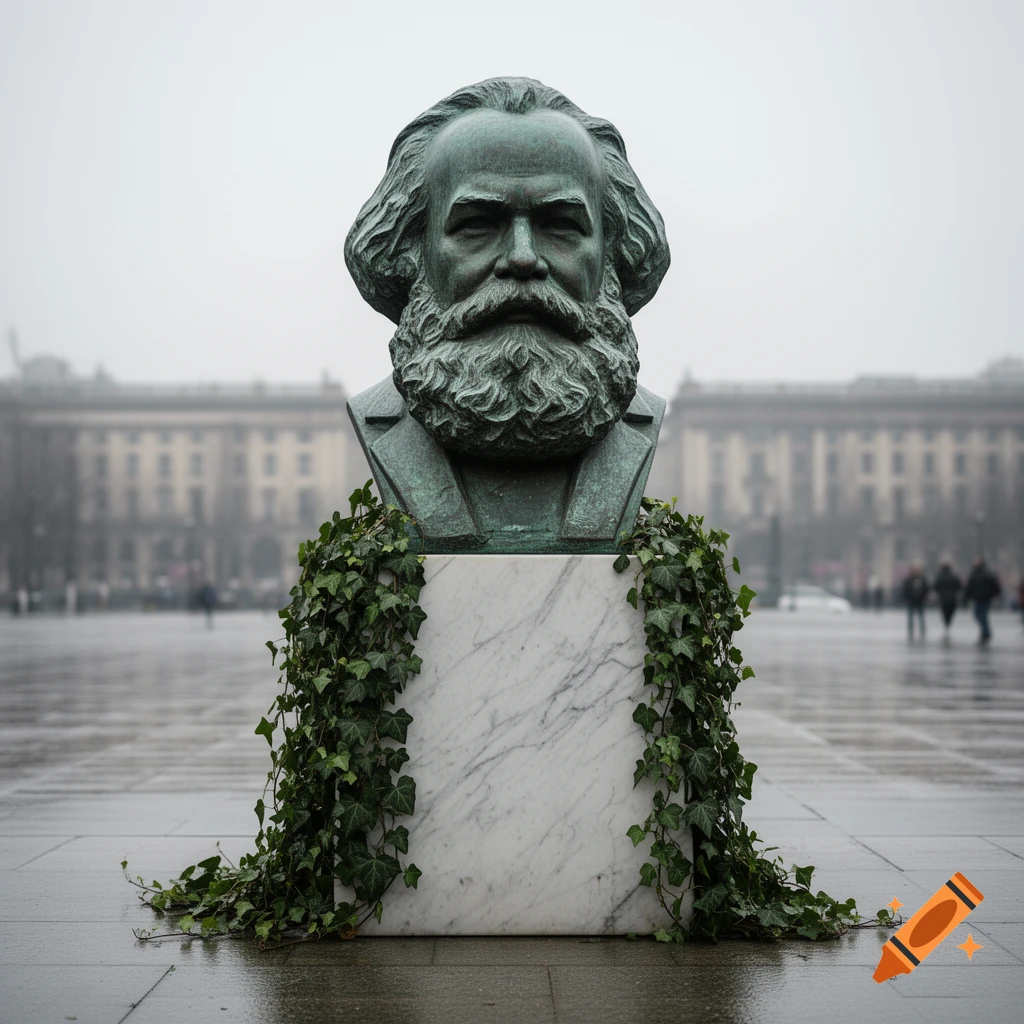 A bronze bust of Karl Marx on a white marble pedestal, adorned with ivy, stands outdoors on a gloomy day.