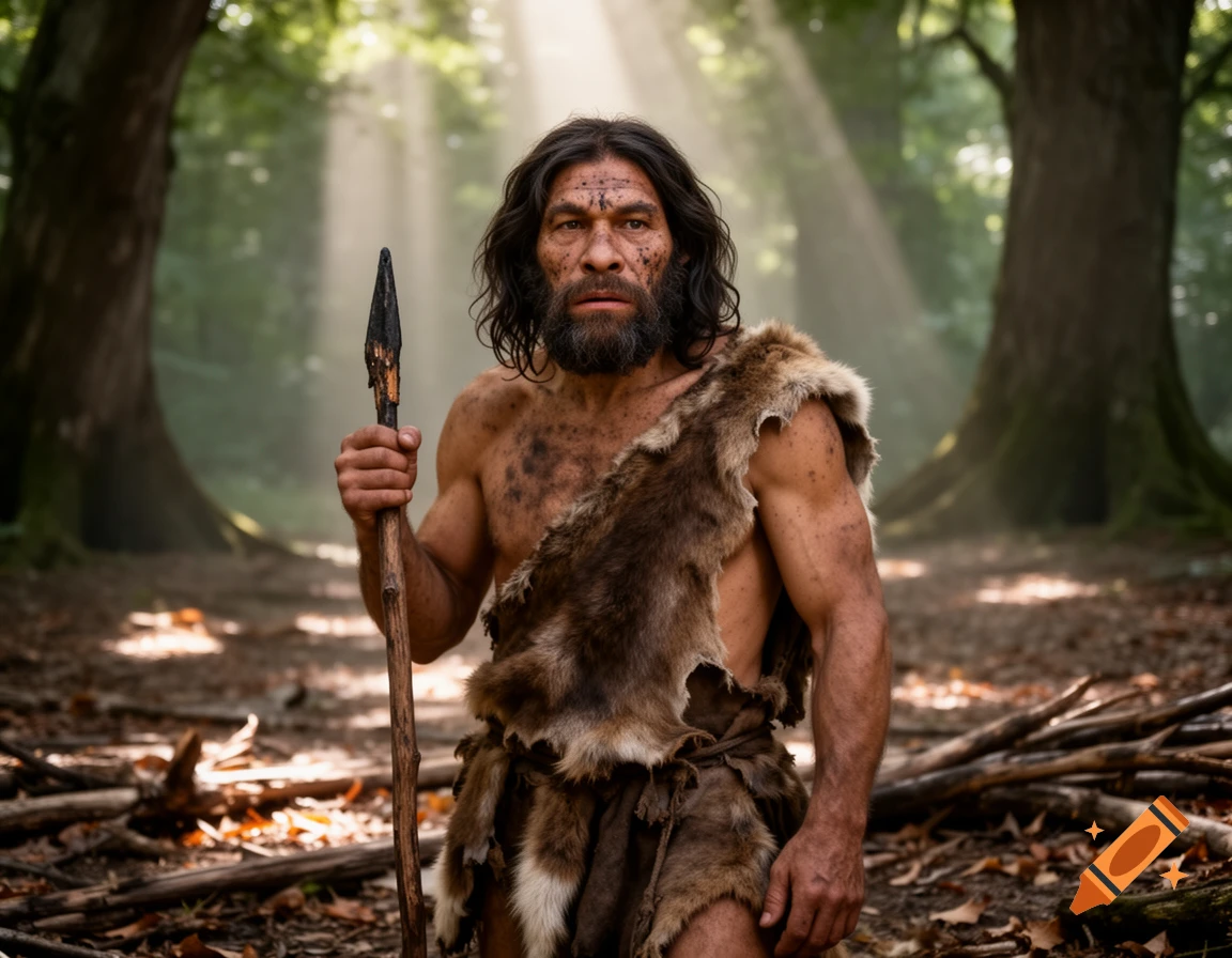 A photorealistic image of a rugged Neanderthal man holding a spear in a sun-dappled forest.